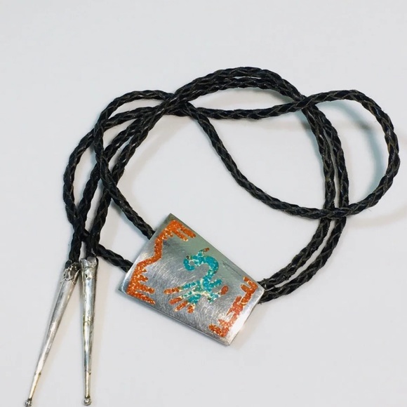 Vintage Sterling Navajo Bennett Road Runner Bolo Tie Turquoise & Red Coral Chip - Picture 2 of 11